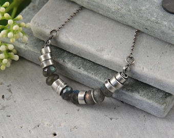 Sterling silver necklace with grey labradorite stones - perfect boho chic style for everyday wear, handmade jewelry, gift for bridesmaids