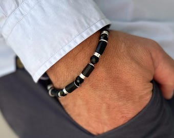 Bracciale Uomo E Donna In Vera Tormalina E Ossidiana Con Perle In Acciaio Inox – Bracciale Boho Con Pietre Preziose Naturali 4mm – Regalo In Scatola Portagioie – Circonferenza Regolabile 18+5 Cm