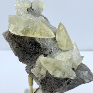 May include: A mineral specimen featuring pale yellow calcite crystals on a dark grey matrix. The translucent crystals have a sharp, pointed form. The specimen is mounted on a clear stand.