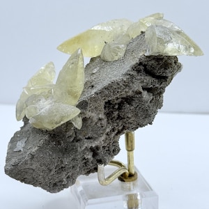 May include: A light yellow calcite crystal cluster on a dark grey rock matrix. The crystals are translucent and have a pointed, crystalline structure. The specimen is mounted on a clear acrylic base with a gold-coloured metal support.