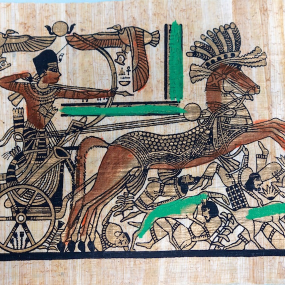 エジプト 現地購入品 パピルス絵画 筒付き ラムセス二世 ヴィンテージ手描きエジプトパピルス、戦車に乗ったラムセス2世