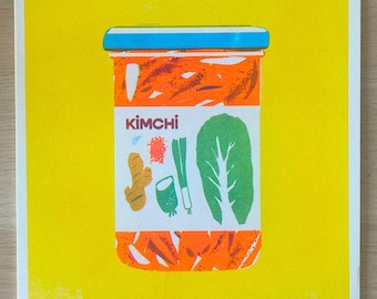 Risograph print of KIMCHI - fluo pink aqua yellow squared riso print of Korean kimchi jar