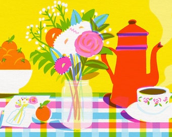 A3 fine-art coffee-pot illustration print, flowers and oranges cozy interior