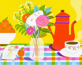 A3 fine-art giclée print coffee pot, flowers and oranges cozy interior