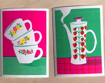 Set of 2 fine-art mini print Kawaii coffee pot with strawberries and stack of coffee cups on green and fluo pink background