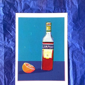 Printed Illustration Campari bottle and orange retro halftone style midcentury vibe