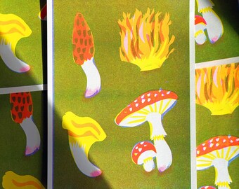Mushroom Risograph Print – Forest Fungi A4 Art Print