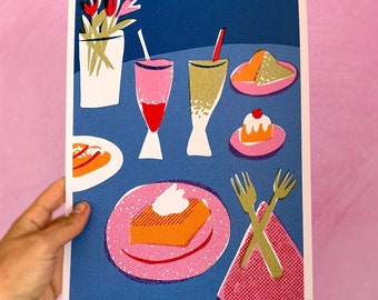 Milkshakes, pastries and flowers illustration, retro diner A4 riso style illustration print