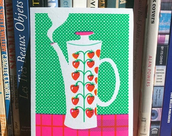 Kawaii coffeepot fine-art print decorated with strawberry on green background and fluo pink table , retro style giclée