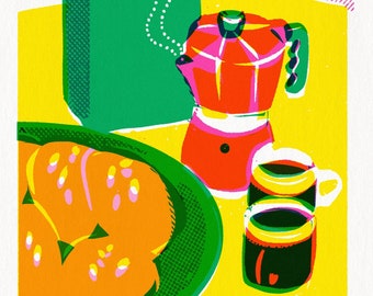 Fine-art MOKA coffee poster print - moka with espresso cups, cookies and coffee box