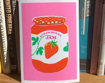 Strawberry jam giclée A5 print ! Retro-style illustration of a strawberry jam jar with gingham cap