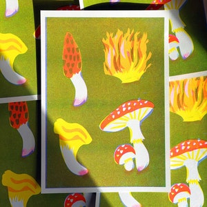 photo of a riso print superposed to other printsof the same design . the print features frous mushroom kinds on moss green background