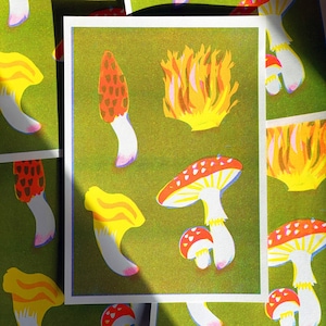 a risograph print of MUSHROOMS - fluo A4 riso print of forest fungi collection