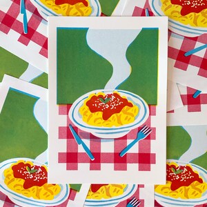 Pasta RISOGRAPHY print A4 steamy plate of gnocchi on a gingham red and white table cloth three colors red yellow aqua image 2
