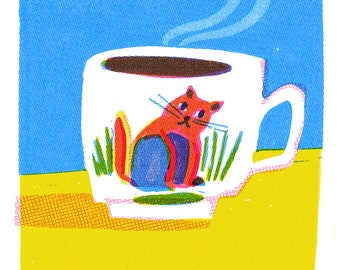 Mini cat print squared fine-art giclée illustration half-tone CAT COFFEE MUG -