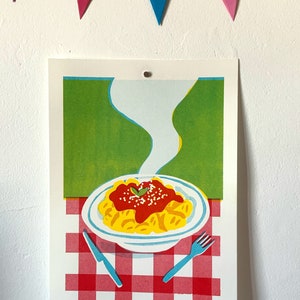 Pasta RISOGRAPHY print A4 steamy plate of gnocchi on a gingham red and white table cloth three colors red yellow aqua image 5
