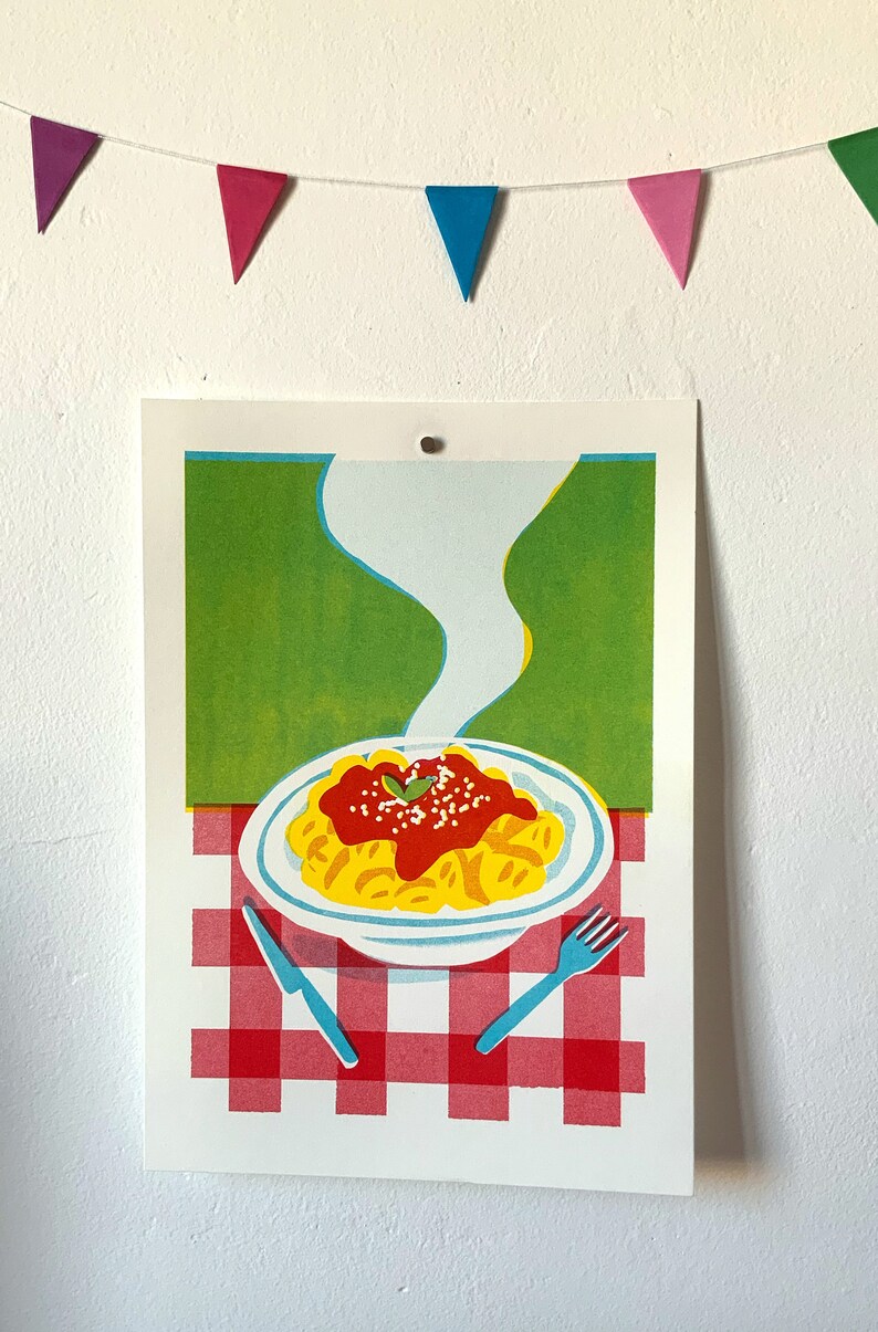 Pasta RISOGRAPHY print A4 steamy plate of gnocchi on a gingham red and white table cloth three colors red yellow aqua image 5