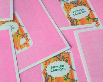 Imperfect* risograph print of PICKLED CARROTS - fluo pink aqua yellow squared riso print of carrots jar