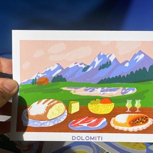 Mini stampe fine-art delle Dolomiti ITALIANE! cartolina carina con montagne e strudel