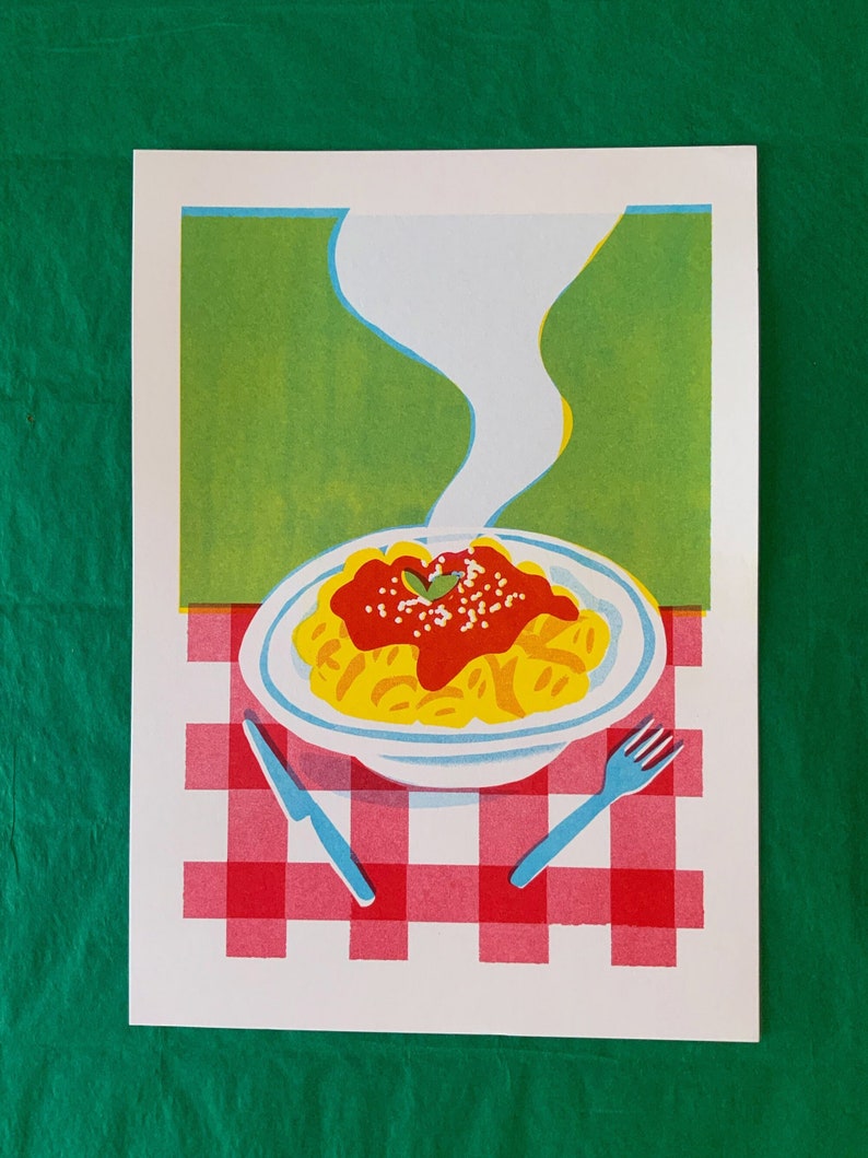 Pasta RISOGRAPHY print A4 steamy plate of gnocchi on a gingham red and white table cloth three colors red yellow aqua image 1