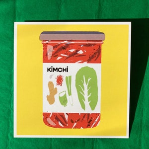 square 20x20 cm print kimchi jar with label and ingredients colorful retro style illustration on yellow background