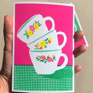 Coffee cups Giclée fine-art illustration print - Kawaii cups stack with little flowers on bright pink background  retro style