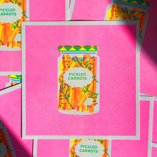 PICKLED CARROTS RISO - fluo pink aqua yellow squared riso print of carrots jar