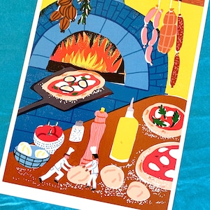 Pizzería italiana retro syle FINE ART print - dos pequeños haciendo pizza