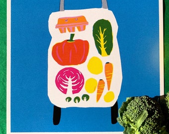 square 20x20 cm print Farmers market bag full of vegetables -Mid-century style illustration - retro riso style digital print