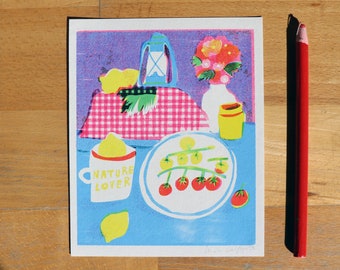 Mini fine-art giclée print pic-nic, cherry tomatoes, lemons and flowers  and mint  mini still-life
