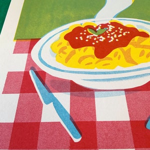 Pasta RISOGRAPHY print A4 steamy plate of gnocchi on a gingham red and white table cloth three colors red yellow aqua image 4