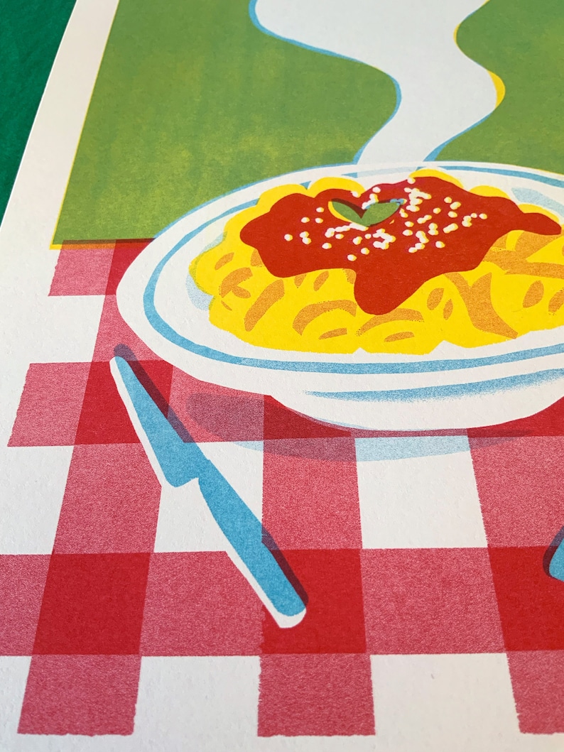 Pasta RISOGRAPHY print A4 steamy plate of gnocchi on a gingham red and white table cloth three colors red yellow aqua image 4