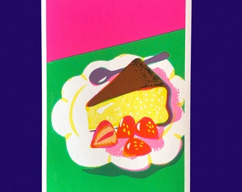 Strawberry cake Fine-art print two sizes Kawaii slice chocolate cake on green table fluo pink background