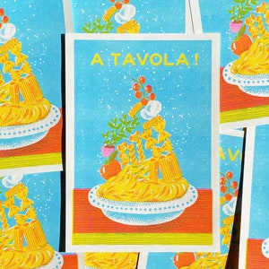 Risgraphy pasta print! fluo pink aqua yellow A4 riso of Italian pasta