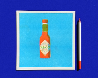 TABASCO RISO - fluo pink aqua yellow squared riso print of hot sauce