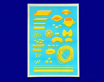 PASTA COLLECTION RISO - fluo pink aqua yellow A4 riso print of Italian pasta