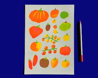 RISOGRAPHY TOMATOES! RISO print - fluo pink aqua yellow A4 riso print of tomato kinds