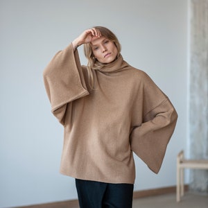 Women's sweaters, wool sweater, oversized sweater, minimalist sweater, kimono sleeves,  loose sweater, simple sweater, high neck sweater,