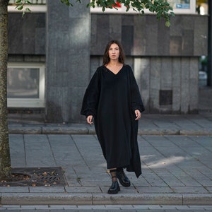 Oversized winter dress, merino dress, V neckline dres, long dress, long black dress, warm tunic dress, loose fit dress, oversized dress