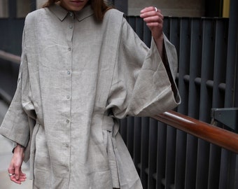 Leinenhemden, übergroße Kimonohemden, übergroßes Hemd, Leinenbluse, Leinenkimono, minimale Leinenkleidung, Kimonoärmel
