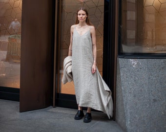 ロングリネンスリップドレス、オーバーサイズカフタン、ミニマリスト服