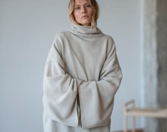 Damen Pullover, Wollpullover, übergroßer Pullover, minimalistischer Pullover, Kimonoärmel, lockerer Pullover, einfacher Pullover, Stehkragen Pullover,