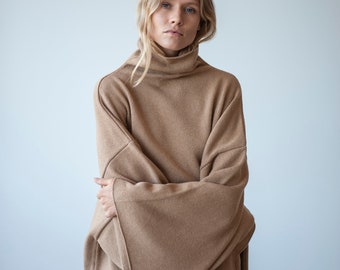 Damen Pullover, Wollpullover, übergroßer Pullover, minimalistischer Pullover, Kimonoärmel, lockerer Pullover, einfacher Pullover, Stehkragen Pullover,