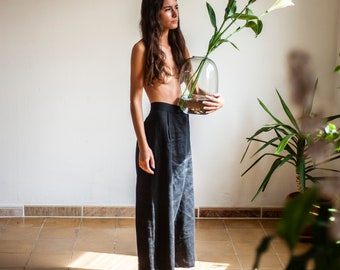 Linen pants, linen trousers, wide linen trousers, high waist linen trousers, sustainable clothes, sustainable clothing, black linen