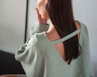 Handmade Linen Kimono Top, Oversized Blouse, Deep V Neck