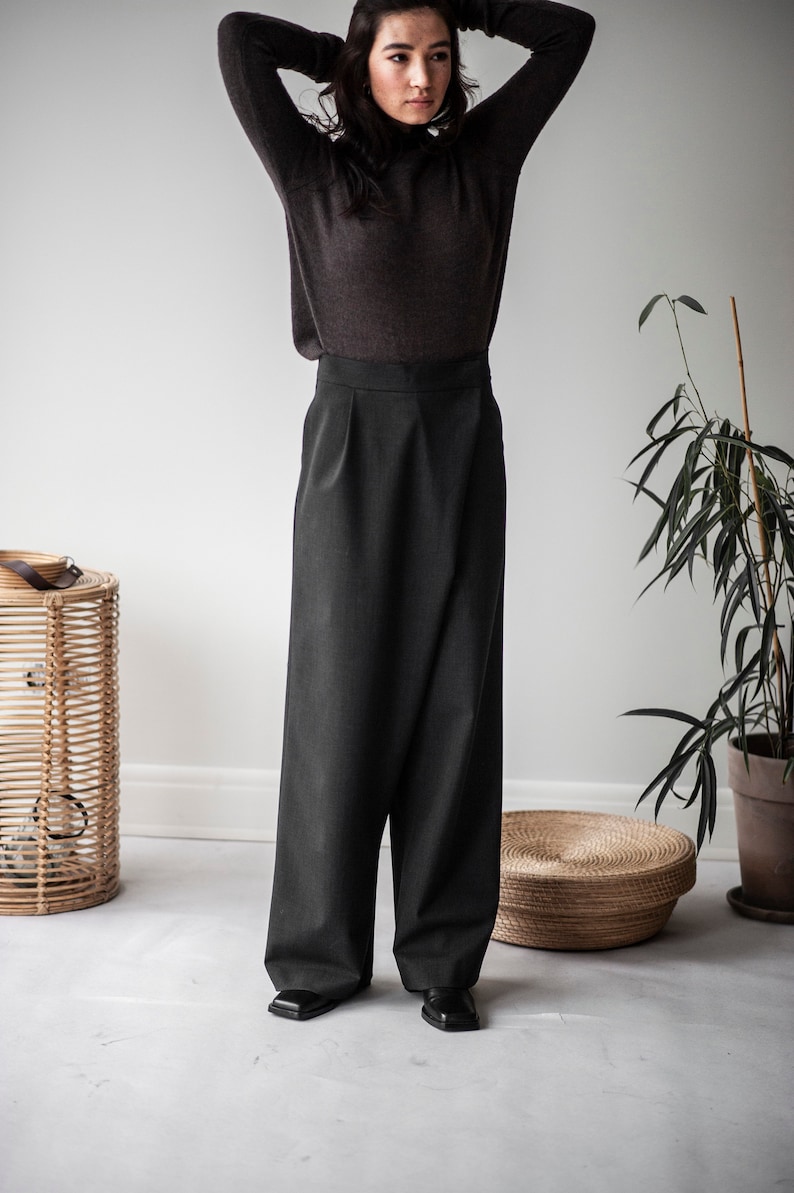 Wool pants, suit trousers, wide wool trousers, high waist winter trousers, sustainable clothes, sustainable clothing, black linen zdjęcie 8