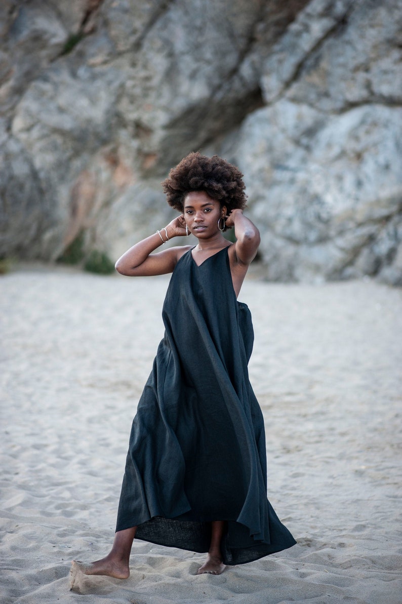 Oversized Linen Dress, Boho Dress, Long Dress, A Line dress, Circular Dress, Loose dress, Minimalist Dress, oversized linen dress, black image 6