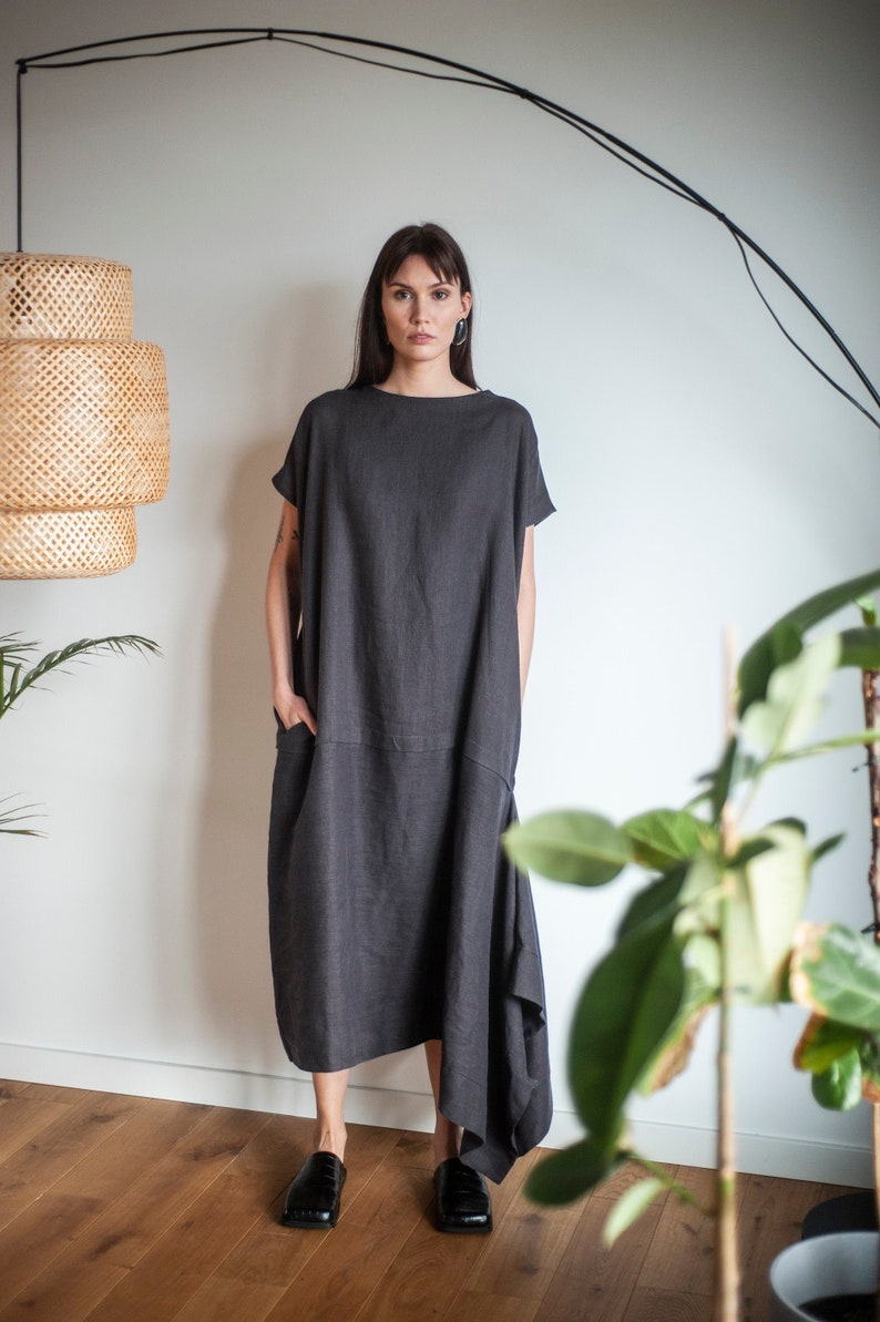 Long linen dress , sleeveless dress, oversized dress, boho women dresses, minimalist clothing, atuko, sustainable, kaftan linen dress Eggplant