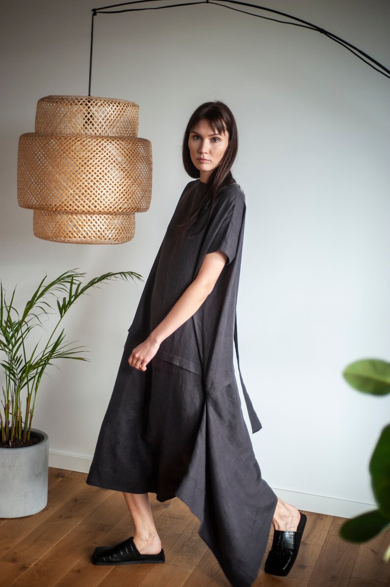 Long linen dress , sleeveless dress, oversized dress, boho women dresses, minimalist clothing, atuko, sustainable, kaftan linen dress image 6