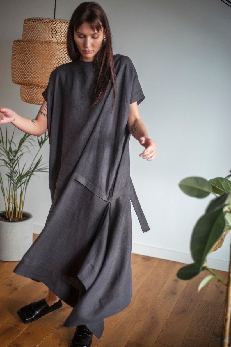 Long linen dress , sleeveless dress, oversized dress, boho women dresses, minimalist clothing, atuko, sustainable, kaftan linen dress image 3